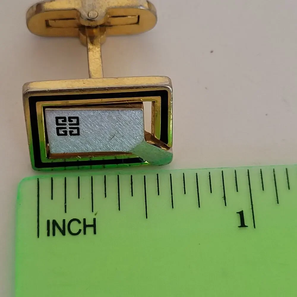 Givenchy Cufflinks Set Gold Silver Black Tone Rectangle Logo Vintage Designer